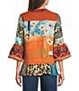 Calessa Petite Size Embroidered Patchwork Split V-Neck 3/4 Sleeve Tunic, Color:Turquoise Multi - Image 2