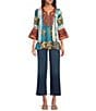 Calessa Petite Size Embroidered Patchwork Split V-Neck 3/4 Sleeve Tunic, Color:Turquoise Multi - Image 3