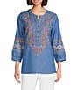 Calessa Petite Size Embroidered Patchwork Split V-Neck 3/4 Sleeve Tunic, Color:Indigo Multi - Image 1