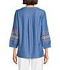 Calessa Petite Size Embroidered Patchwork Split V-Neck 3/4 Sleeve Tunic, Color:Indigo Multi - Image 2