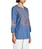 Calessa Petite Size Embroidered Patchwork Split V-Neck 3/4 Sleeve Tunic, Color:Indigo Multi - Image 3