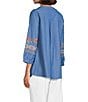 Calessa Petite Size Embroidered Patchwork Split V-Neck 3/4 Sleeve Tunic, Color:Indigo Multi - Image 4