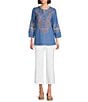 Calessa Petite Size Embroidered Patchwork Split V-Neck 3/4 Sleeve Tunic, Color:Indigo Multi - Image 5