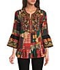 Calessa Petite Size Embroidered Patchwork Split V-Neck 3/4 Sleeve Tunic, Color:Crimson Multi - Image 1