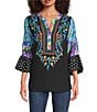 Calessa Petite Size Embroidered Patchwork Split V-Neck 3/4 Sleeve Tunic, Color:Black Multi - Image 1