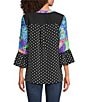 Calessa Petite Size Embroidered Patchwork Split V-Neck 3/4 Sleeve Tunic, Color:Black Multi - Image 2