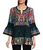Calessa Petite Size Embroidered Patchwork Split V-Neck 3/4 Sleeve Tunic, Color:Emerald Multi - Image 1