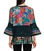 Calessa Petite Size Embroidered Patchwork Split V-Neck 3/4 Sleeve Tunic, Color:Emerald Multi - Image 2