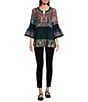 Calessa Petite Size Embroidered Patchwork Split V-Neck 3/4 Sleeve Tunic, Color:Emerald Multi - Image 3