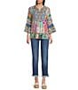 Calessa Petite Size Embroidered Patchwork Split V-Neck 3/4 Sleeve Tunic - Image 3