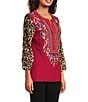 Calessa Petite Size Embroidered Patchwork Split V-Neck Wrist Length Sleeve Tunic, Color:Crimson/Multi - Image 3