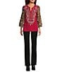 Calessa Petite Size Embroidered Patchwork Split V-Neck Wrist Length Sleeve Tunic, Color:Crimson/Multi - Image 5