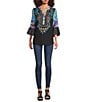 Calessa Petite Size Embroidered Patchwork Split V-Neck 3/4 Sleeve Tunic, Color:Black Multi - Image 3