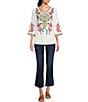 Color:White Multi - Image 3 - Petite Size Embroidered Patchwork Woven V-Neck 3/4 Sleeve Tunic