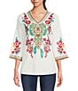 Color:White Multi - Image 1 - Petite Size Embroidered Patchwork Woven V-Neck 3/4 Sleeve Tunic