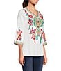 Color:White Multi - Image 3 - Petite Size Embroidered Patchwork Woven V-Neck 3/4 Sleeve Tunic