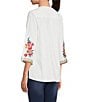 Color:White Multi - Image 4 - Petite Size Embroidered Patchwork Woven V-Neck 3/4 Sleeve Tunic