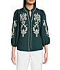Calessa Petite Size Embroidered Placement Print Ruffle Split V-Neck 3/4 Sleeve Button Front Tunic, Color:Dark Teal - Image 1