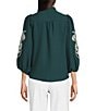 Calessa Petite Size Embroidered Placement Print Ruffle Split V-Neck 3/4 Sleeve Button Front Tunic, Color:Dark Teal - Image 2