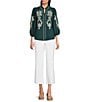 Calessa Petite Size Embroidered Placement Print Ruffle Split V-Neck 3/4 Sleeve Button Front Tunic, Color:Dark Teal - Image 3
