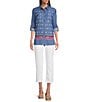 Calessa Petite Size Embroidered Point Collar Long Roll-Tab Sleeve Button Front Tunic, Color:Indigo - Image 5
