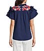 Calessa Petite Size Embroidered Ruffle Double Layer Cap Sleeve Top, Color:Navy Multi - Image 2