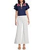 Calessa Petite Size Embroidered Ruffle Double Layer Cap Sleeve Top, Color:Navy Multi - Image 3