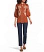 Calessa Petite Size Embroidered Ruffle Split V-Neck 3/4 Sleeve Button Front Tunic - Image 3
