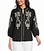 Calessa Petite Size Embroidered Ruffle Split V-Neck 3/4 Sleeve Button Front Tunic - Image 1