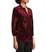 Calessa Petite Size Embroidered Ruffle Split V-Neck 3/4 Sleeve Button Front Velvet Tunic, Color:Crimson - Image 3
