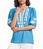 Calessa Petite Size Embroidered Split V-Neck Elbow Puff Sleeve Tunic - Image 1