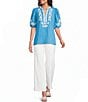 Calessa Petite Size Embroidered Split V-Neck Elbow Puff Sleeve Tunic - Image 3