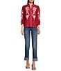 Calessa Petite Size Embroidered Ruffle Split V-Neck 3/4 Sleeve Button Front Tunic, Color:Red - Image 3