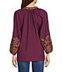 Calessa Petite Size Embroidered Split V-Neck Wrist Length Sleeve Tunic, Color:Crimson/Sand - Image 2