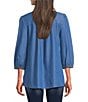 Calessa Petite Size Embroidered Split V-Neck 3/4 Sleeve Tunic, Color:Indigo Multi - Image 2