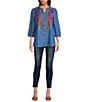 Calessa Petite Size Embroidered Split V-Neck 3/4 Sleeve Tunic, Color:Indigo Multi - Image 3
