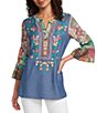 Calessa Petite Size Embroidered Split V-Neck Patchwork-Sleeve Tunic - Image 1