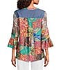 Calessa Petite Size Embroidered Split V-Neck Patchwork-Sleeve Tunic - Image 2