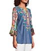 Calessa Petite Size Embroidered Split V-Neck Patchwork-Sleeve Tunic - Image 3