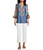 Calessa Petite Size Embroidered Split V-Neck Patchwork-Sleeve Tunic - Image 5