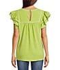 Calessa Petite Size Embroidered Split V-Neck Ruffle Cap Sleeve Tunic - Image 2