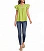 Calessa Petite Size Embroidered Split V-Neck Ruffle Cap Sleeve Tunic - Image 3