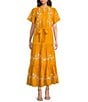 Calessa Petite Size Embroidered Split V-Neck Short Balloon Sleeve A-Line Tiered Belted Maxi Dress, Color:Mustard/Cream - Image 1
