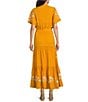 Calessa Petite Size Embroidered Split V-Neck Short Balloon Sleeve A-Line Tiered Belted Maxi Dress, Color:Mustard/Cream - Image 2