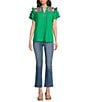 Calessa Petite Size Embroidered Floral Split V-Neck Short Ruffle Sleeve Tunic, Color:Green - Image 3