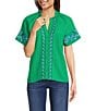 Calessa Petite Size Embroidered Split V-Neck Short Sleeve Button Front Tunic, Color:Green - Image 1