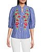 Calessa Petite Size Embroidered Stripe High Ruffle Split V-Neck Elbow Sleeve Button Front Tunic, Color:Blue/White - Image 1