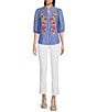 Calessa Petite Size Embroidered Stripe High Ruffle Split V-Neck Elbow Sleeve Button Front Tunic, Color:Blue/White - Image 3