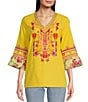 Color:Yellow Multi - Image 1 - Petite Size Embroidered V-Neck 3/4 Sleeve Tunic