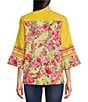 Color:Yellow Multi - Image 2 - Petite Size Embroidered V-Neck 3/4 Sleeve Tunic